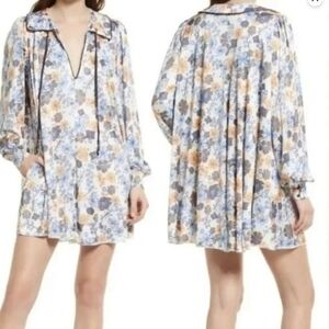 Free People Long Sleeve Mini Dress Size Medium NWT Blue White Orange